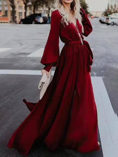 A-line V-neck Chiffon Floor-length Prom Dresses With Split Front #Favs020112769