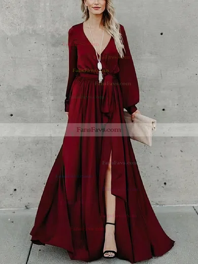 A-line V-neck Chiffon Floor-length Prom Dresses With Split Front #Favs020112769