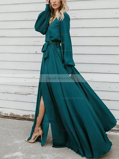 A-line V-neck Chiffon Floor-length Prom Dresses With Split Front #Favs020112769