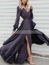 A-line V-neck Chiffon Floor-length Prom Dresses With Split Front #Favs020112769
