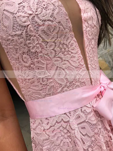 A-line V-neck Lace Sweep Train Prom Dresses With Split Front #Favs020112775