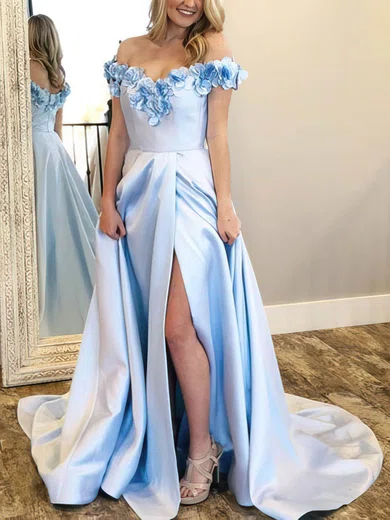A-line Off-the-shoulder Satin Sweep Train Prom Dresses With Split Front #Favs020112776