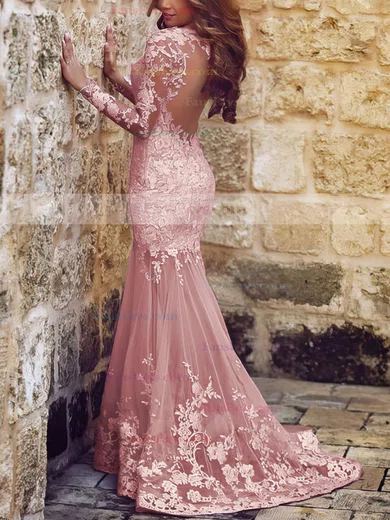 Trumpet/Mermaid Scoop Neck Tulle Sweep Train Appliques Lace Prom Dresses #Favs020101852