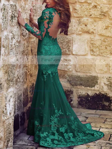 Trumpet/Mermaid Scoop Neck Tulle Sweep Train Appliques Lace Prom Dresses #Favs020101852