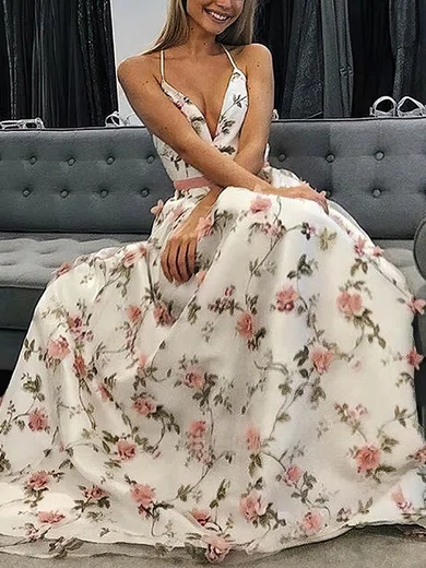 A-line V-neck Lace Sweep Train Prom Dresses With Sashes / Ribbons #Favs020112798