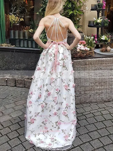 A-line V-neck Lace Sweep Train Prom Dresses With Sashes / Ribbons #Favs020112798