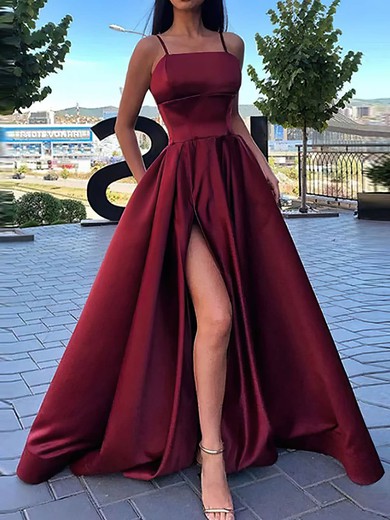 A-line Square Neckline Satin Floor-length Prom Dresses With Split Front #Favs020112804
