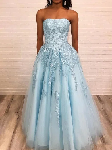 A-line Strapless Lace Tulle Floor-length Prom Dresses With Appliques Lace #Favs020112819