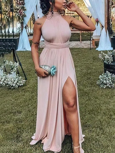 A-line High Neck Jersey Sweep Train Prom Dresses With Split Front #Favs020112826