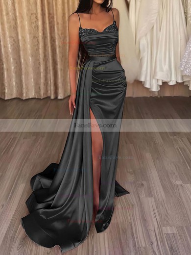 Sheath/Column V-neck Silk-like Satin Sweep Train Prom Dresses With Split Front #Favs020112829
