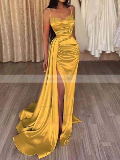 Sheath/Column V-neck Silk-like Satin Sweep Train Prom Dresses With Split Front #Favs020112829