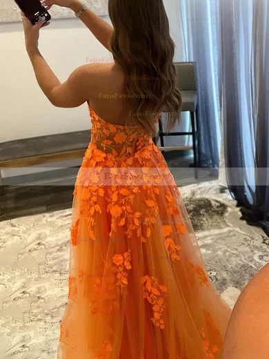 A-line Sweetheart Lace Tulle Sweep Train Prom Dresses With Appliques Lace #Favs020112834