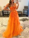 A-line Sweetheart Lace Tulle Sweep Train Prom Dresses With Appliques Lace #Favs020112834