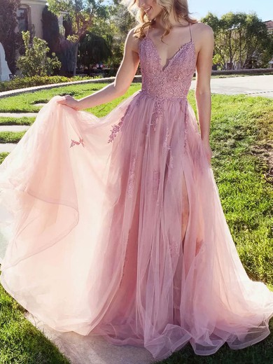 A-line V-neck Lace Tulle Sweep Train Prom Dresses With Split Front #Favs020112836