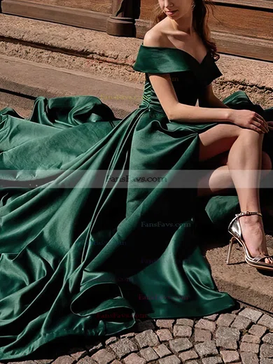 A-line Off-the-shoulder Silk-like Satin Sweep Train Prom Dresses With Split Front #Favs020112837