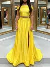 A-line Off-the-shoulder Satin Sweep Train Prom Dresses With Split Front #Favs020112841