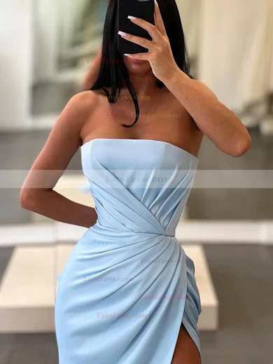 Sheath/Column Strapless Silk-like Satin Sweep Train Prom Dresses With Split Front #Favs020112849