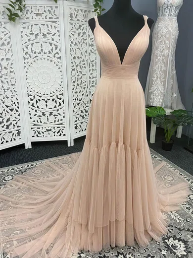 A-line V-neck Tulle Sweep Train Prom Dresses #Favs020112884