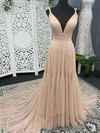 A-line V-neck Tulle Sweep Train Prom Dresses #Favs020112884
