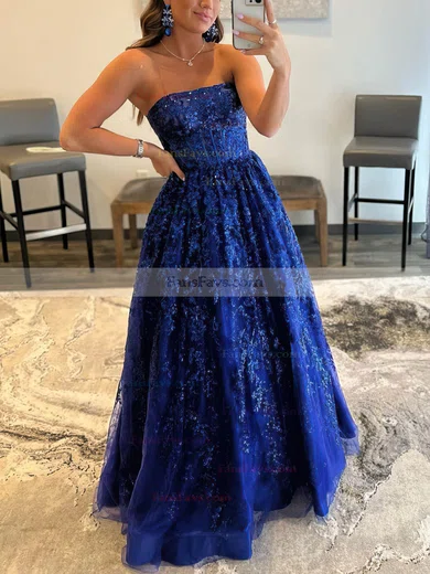 A-line Strapless Lace Tulle Sweep Train Prom Dresses With Pockets #Favs020112887