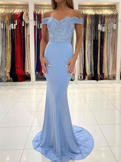 Trumpet/Mermaid Off-the-shoulder Jersey Sweep Train Prom Dresses With Appliques Lace #Favs020112888