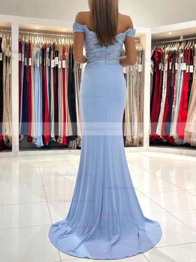 Trumpet/Mermaid Off-the-shoulder Jersey Sweep Train Prom Dresses With Appliques Lace #Favs020112888