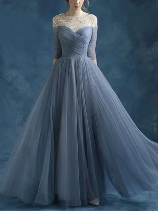 A-line Scoop Neck Tulle Floor-length Beading Prom Dresses #Favs020102046