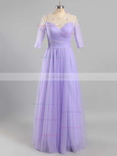 A-line Scoop Neck Tulle Floor-length Beading Prom Dresses #Favs020102046