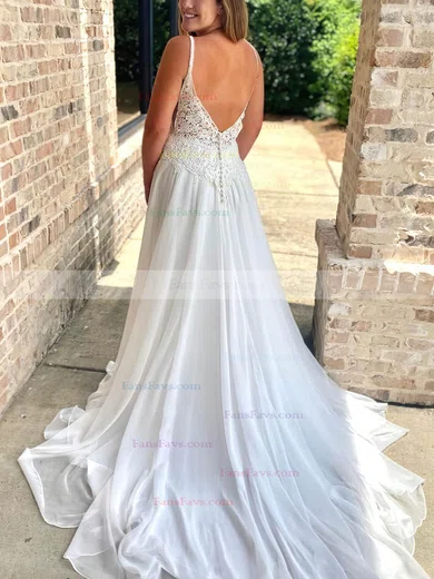 A-line V-neck Chiffon Sweep Train Prom Dresses With Appliques Lace #Favs020112892