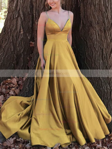 A-line V-neck Satin Sweep Train Prom Dresses #Favs020112899