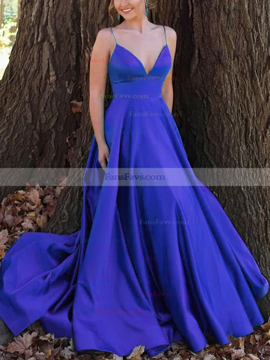 A-line V-neck Satin Sweep Train Prom Dresses #Favs020112899
