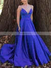 A-line V-neck Satin Sweep Train Prom Dresses #Favs020112899