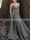 A-line V-neck Satin Sweep Train Prom Dresses #Favs020112899