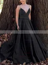 A-line V-neck Satin Sweep Train Prom Dresses #Favs020112899