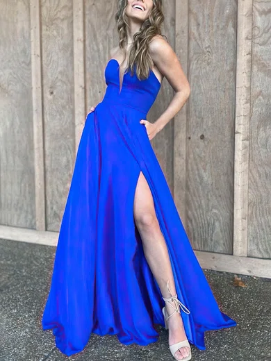 A-line Sweetheart Silk-like Satin Sweep Train Prom Dresses With Split Front #Favs020112907