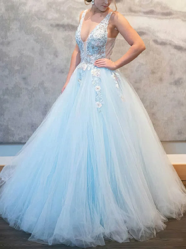 Princess V-neck Tulle Lace Floor-length Prom Dresses With Flower(s) #Favs020112911