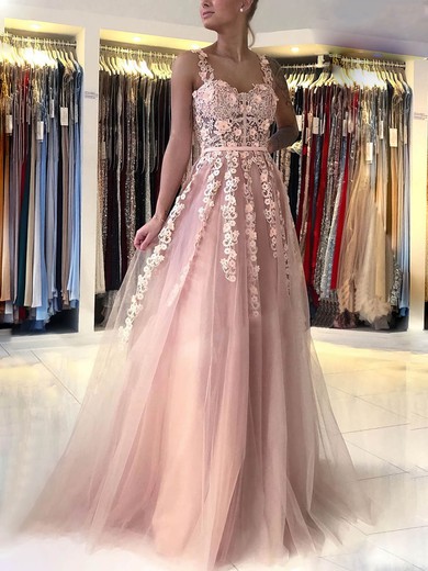 A-line V-neck Lace Tulle Sweep Train Prom Dresses With Appliques Lace #Favs020112915
