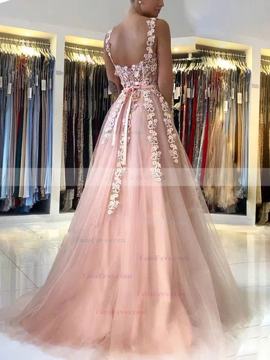A-line V-neck Lace Tulle Sweep Train Prom Dresses With Appliques Lace #Favs020112915