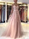 A-line V-neck Lace Tulle Sweep Train Prom Dresses With Appliques Lace #Favs020112915