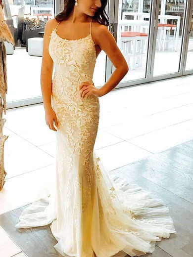 Trumpet/Mermaid Scoop Neck Lace Tulle Sweep Train Prom Dresses With Appliques Lace #Favs020112917