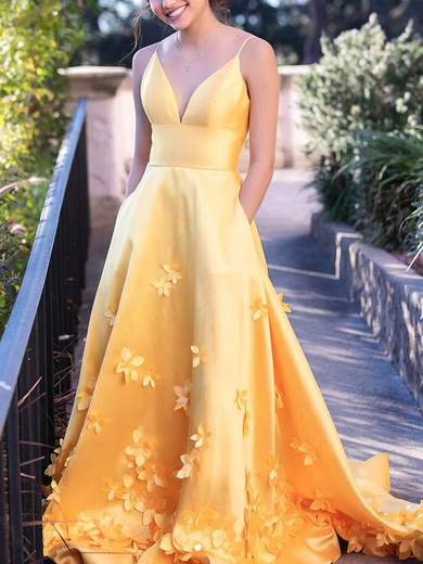 A-line V-neck Satin Sweep Train Prom Dresses With Pockets #Favs020112920