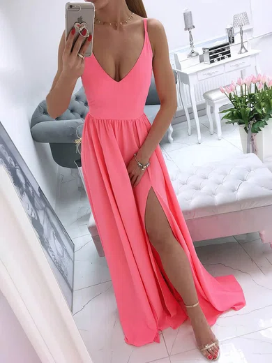 A-line V-neck Silk-like Satin Sweep Train Prom Dresses With Split Front #Favs020112934