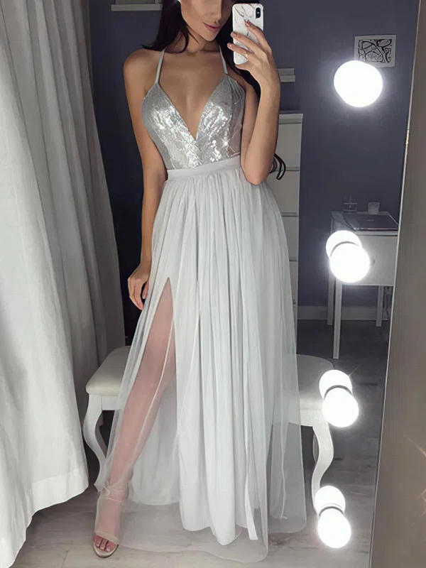 A-line V-neck Tulle Sequined Floor-length Prom Dresses With Split Front #Favs020112947