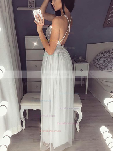 A-line V-neck Tulle Sequined Floor-length Prom Dresses With Split Front #Favs020112947