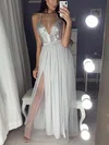 A-line V-neck Tulle Sequined Floor-length Prom Dresses With Split Front #Favs020112947