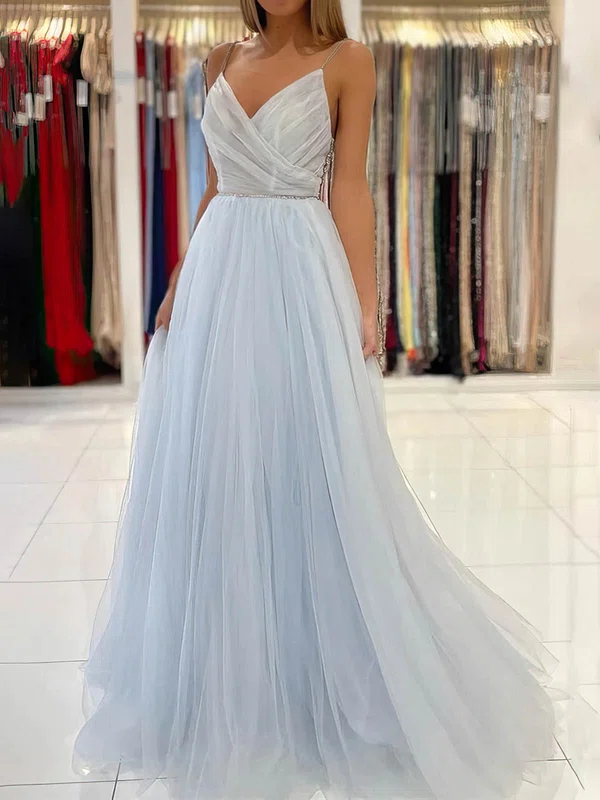 A-line V-neck Tulle Sweep Train Prom Dresses With Beading #Favs020112951