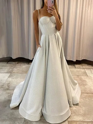 A-line Sweetheart Shimmer Crepe Sweep Train Prom Dresses With Pockets #Favs020112958
