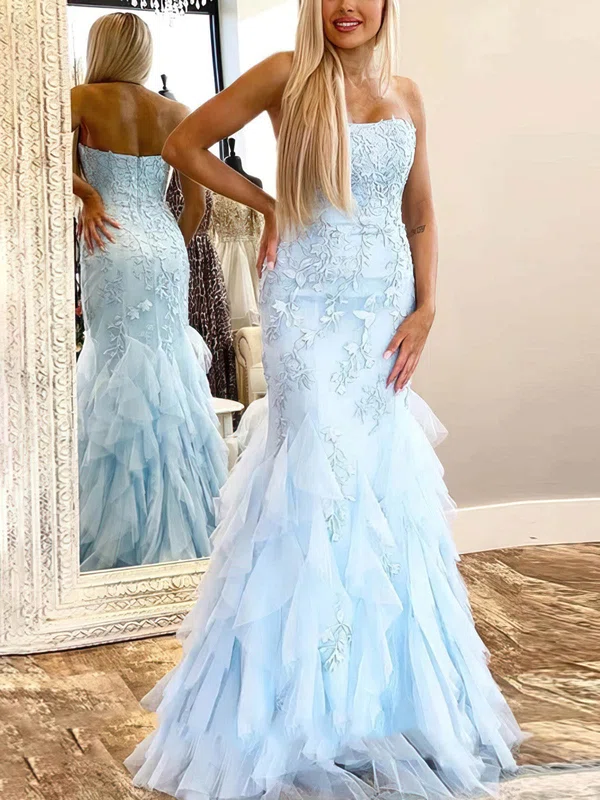 Trumpet/Mermaid Strapless Tulle Sweep Train Prom Dresses With Appliques Lace #Favs020112961
