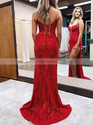 Sheath/Column V-neck Lace Sequined Sweep Train Prom Dresses With Split Front #Favs020112964