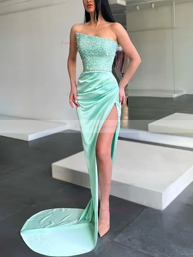 Sheath/Column Strapless Satin Sequined Sweep Train Prom Dresses With Split Front #Favs020112966